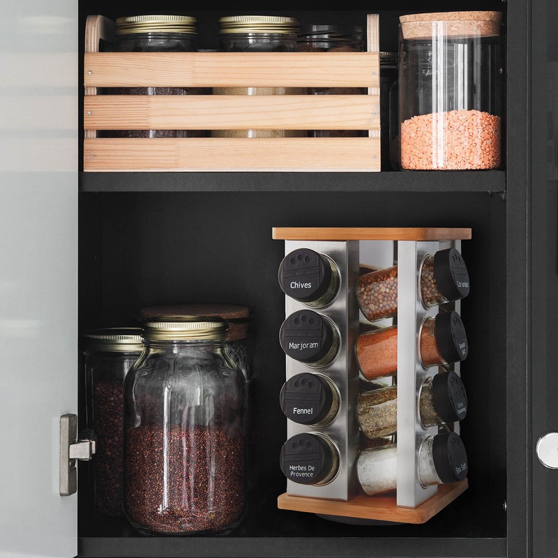 Kamenstein 16 Jar Warner Revolving Countertop Spice Rack Organizer with Lift & Pour Caps and Spices Included, FREE Spice Refills for 5 years, Stainless Steel & Bamboo with Black Caps - Image 5